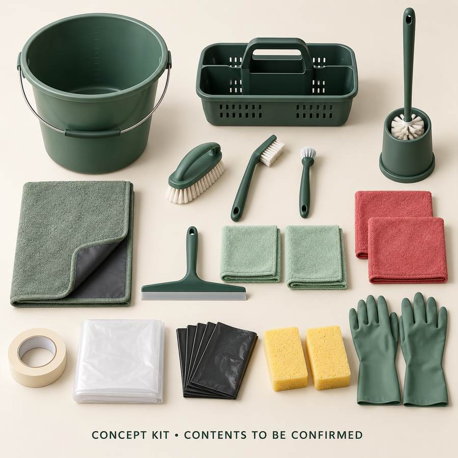 Concept layout of Bathroom Edge & Toilet — Full Workflow Tool Kit; exact supplier variants and packed contents to be confirmed.