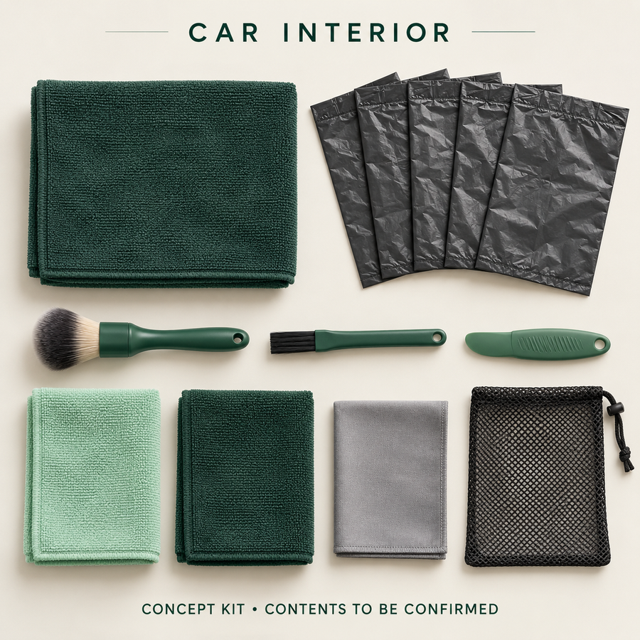 Concept layout of Car Interior Complete Workflow Kit; exact supplier variants and packed contents to be confirmed.