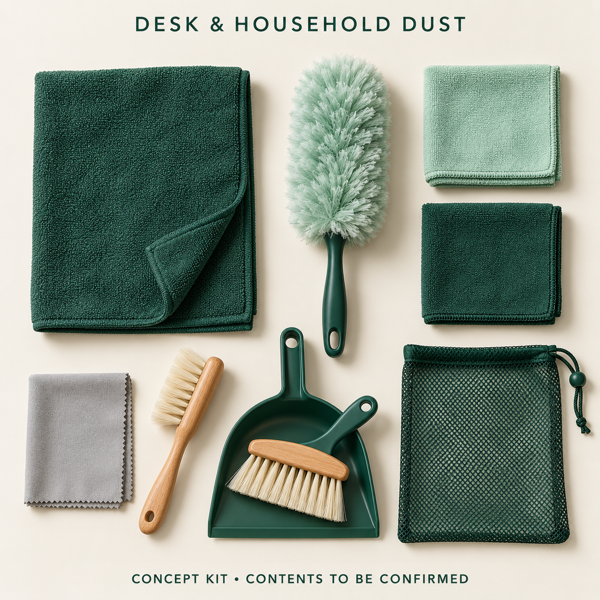 Concept layout of Desk & Household Dust Complete Workflow Kit; exact supplier variants and packed contents to be confirmed.