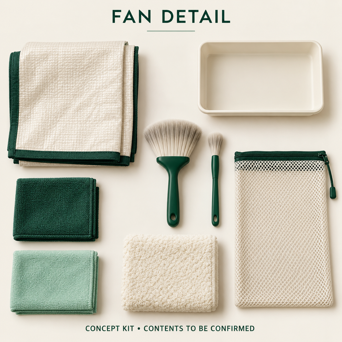 Concept layout of Fan Detail Complete Workflow Kit; exact supplier variants and packed contents to be confirmed.