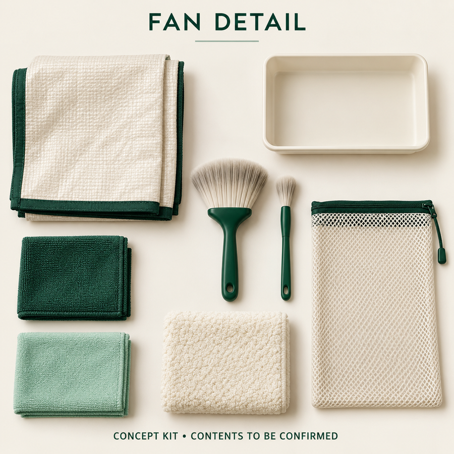 Concept layout of Fan Detail Complete Workflow Kit; exact supplier variants and packed contents to be confirmed.