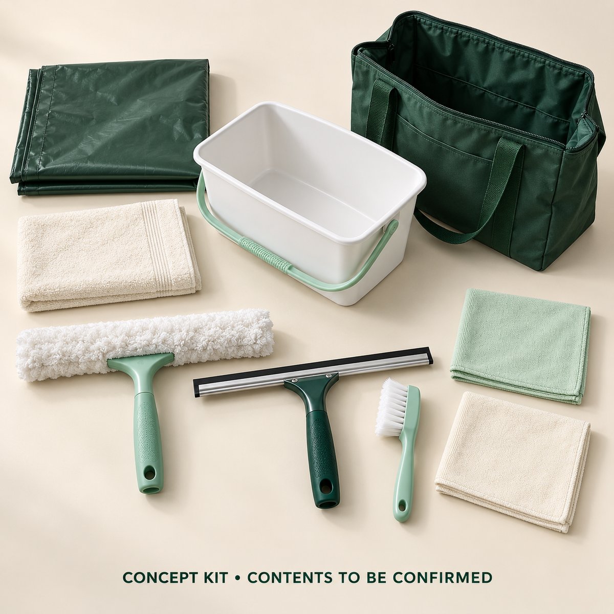 Concept layout of Glass & Window Complete Workflow Kit; exact supplier variants and packed contents to be confirmed.