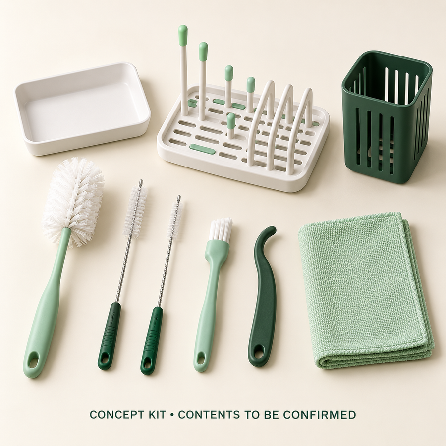 Concept layout of Kitchen Bottle & Lid Complete Workflow Kit; exact supplier variants and packed contents to be confirmed.