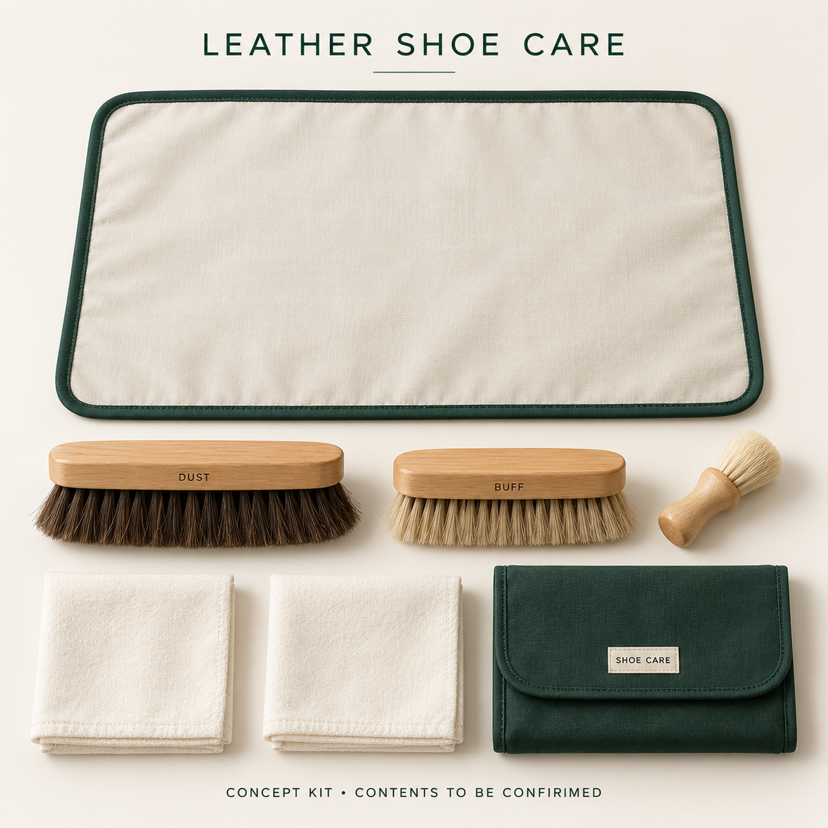 Concept layout of Leather Shoe Care Complete Workflow Kit; exact supplier variants and packed contents to be confirmed.