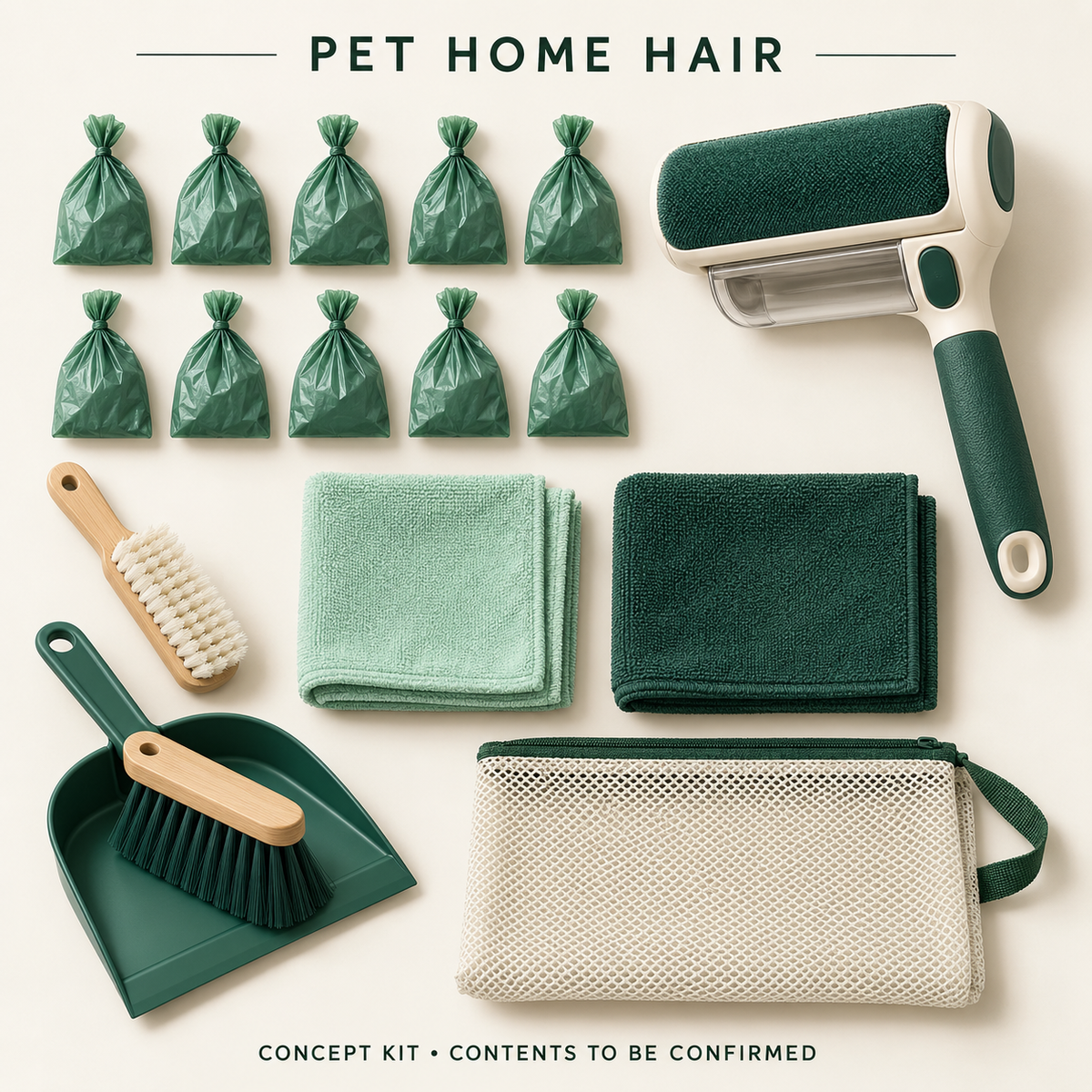 Concept layout of Pet Home Hair Complete Workflow Kit; exact supplier variants and packed contents to be confirmed.