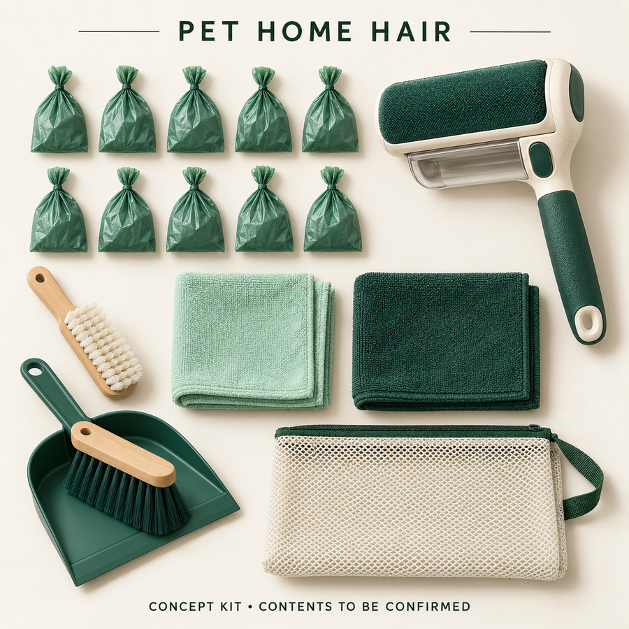 Concept layout of Pet Home Hair Complete Workflow Kit; exact supplier variants and packed contents to be confirmed.