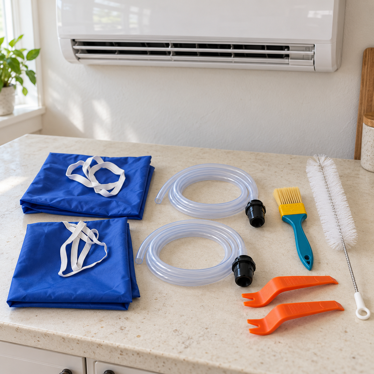 AC wash covers, hoses and hand tools in a styled room scene; AC not included
