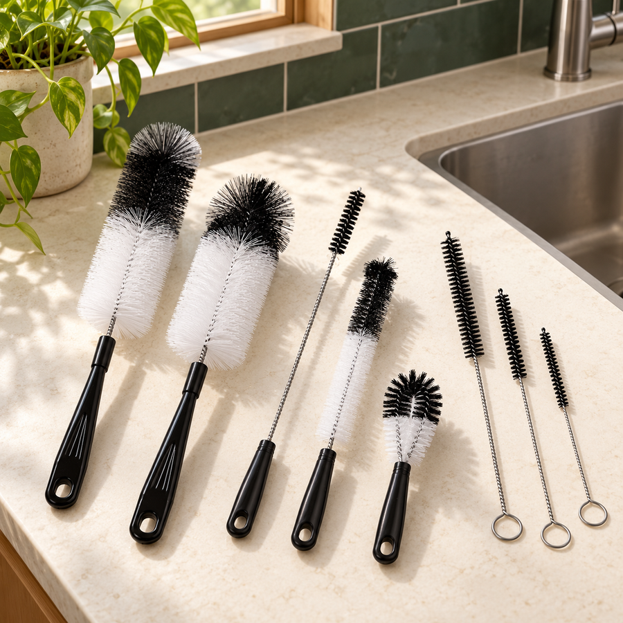 Bottle and narrow-opening brushes in a styled kitchen scene; fixtures not included