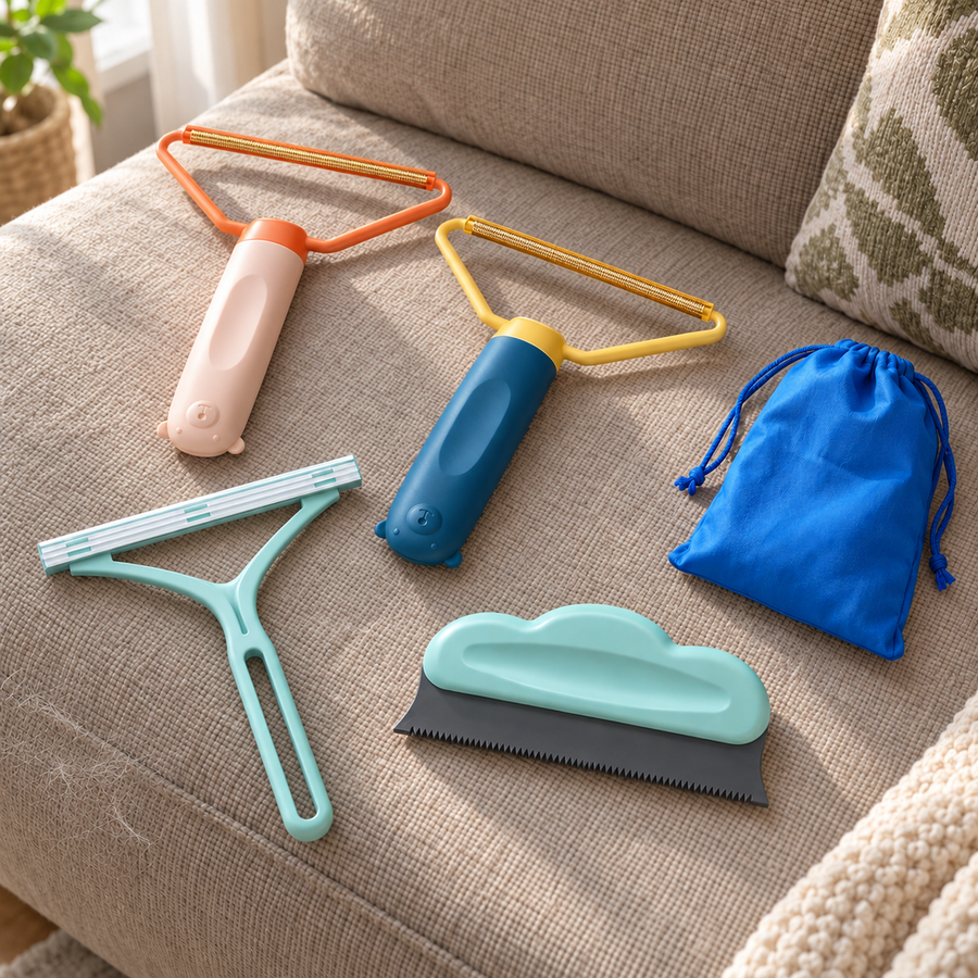Pet hair cleanup tools in a styled sofa scene; sofa not included