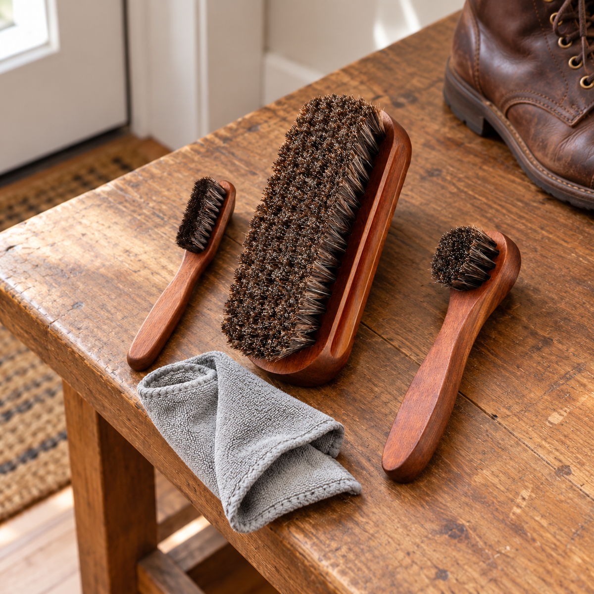 Leather shoe brushes and grey cloth in a styled entryway scene; boot and furniture not included