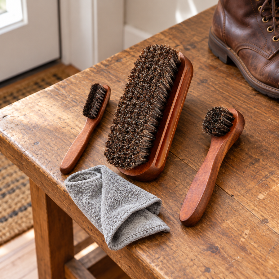 Leather shoe brushes and grey cloth in a styled entryway scene; boot and furniture not included