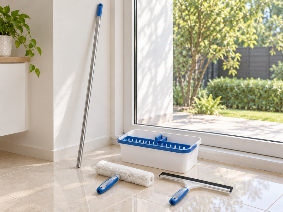 Window washer, squeegee, handle and bucket in a styled window scene