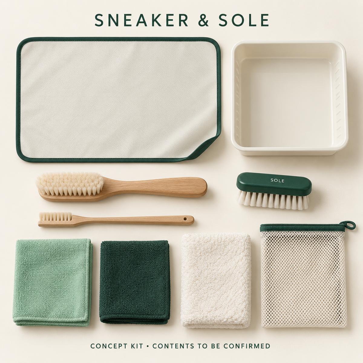 Concept layout of Sneaker & Sole Complete Workflow Kit; exact supplier variants and packed contents to be confirmed.