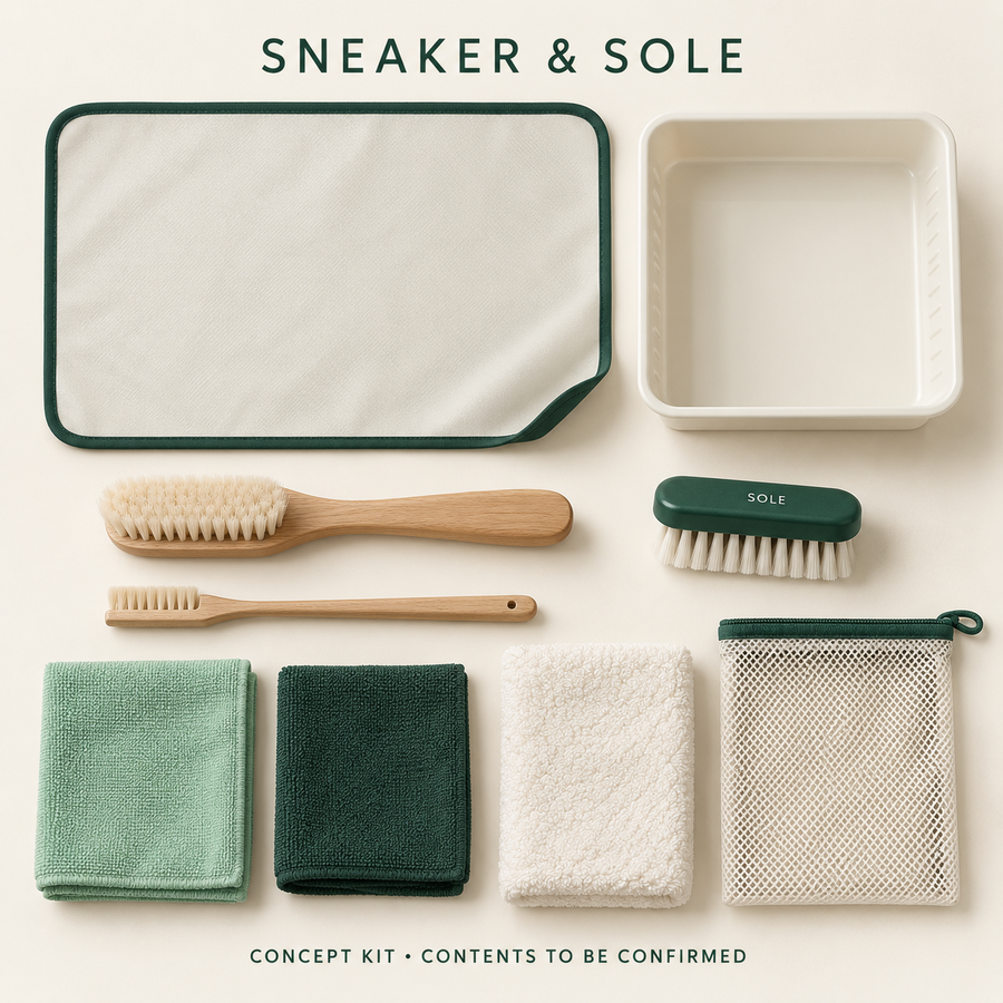 Concept layout of Sneaker & Sole Complete Workflow Kit; exact supplier variants and packed contents to be confirmed.