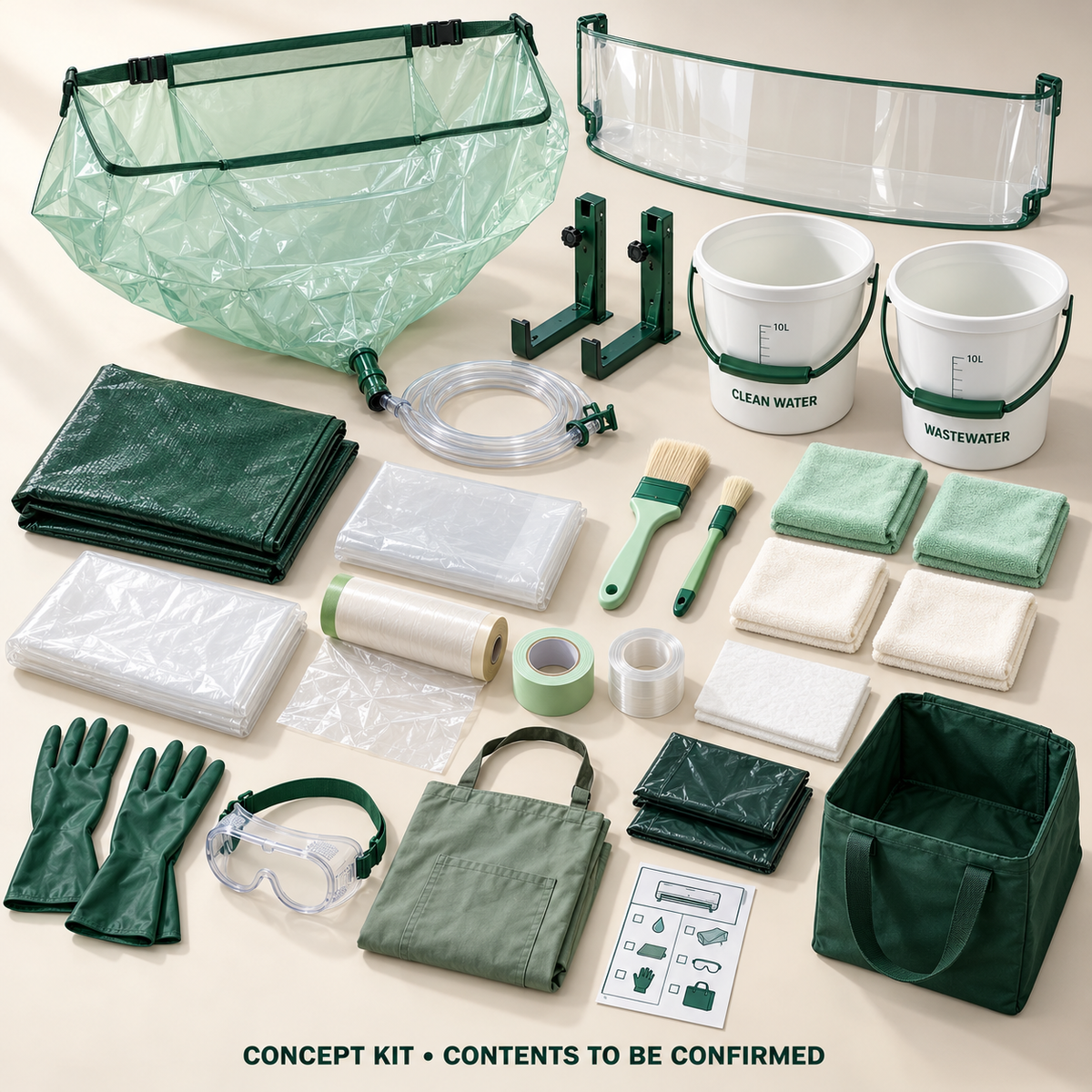 Concept layout of Split AC Complete Cleaning & Protection Kit; exact supplier variants and packed contents to be confirmed.