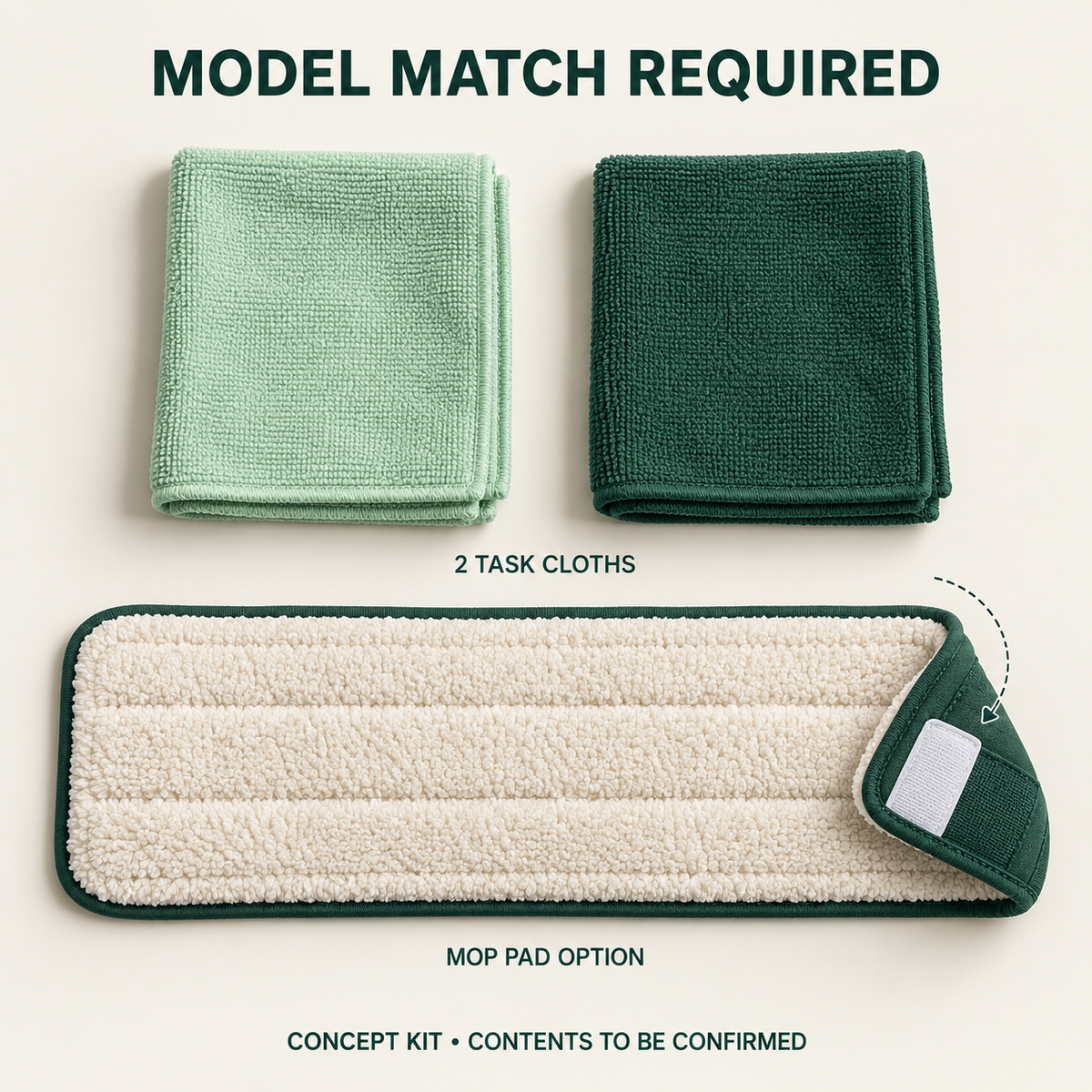 Concept layout of Task Cloth / Mop / Brush Replacement; exact supplier variants and packed contents to be confirmed.